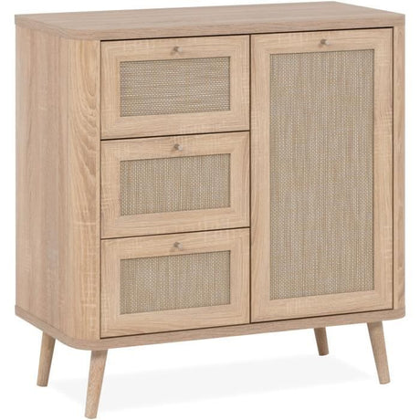 Petit meuble de rangement - 3 tiroirs - 1 porte - Décor Cannage -  L80,9 x H84 x P40 cm