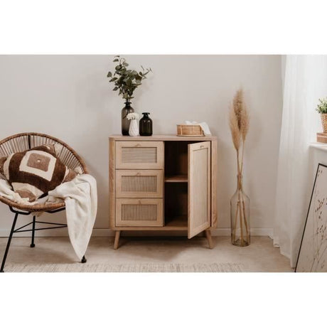 Petit meuble de rangement - 3 tiroirs - 1 porte - Décor Cannage -  L80,9 x H84 x P40 cm