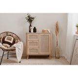 Commode - 3 tiroirs - 1 porte - Décor Cannage -  L80,9 x H84 x P40 cm