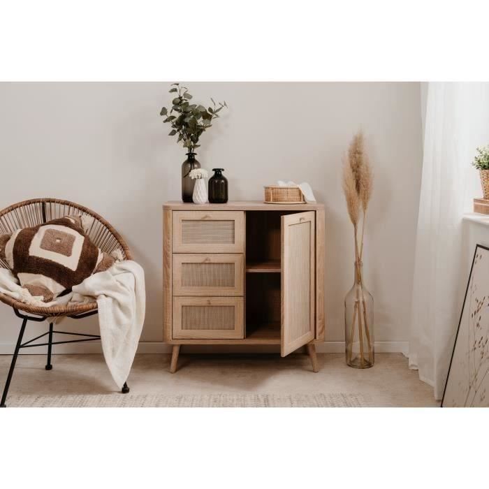 Commode - 3 tiroirs - 1 porte - Décor Cannage -  L80,9 x H84 x P40 cm