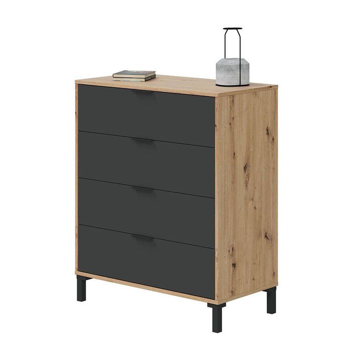 CALICOSY - Commode 4 tiroirs décor chene noueux et gris anthracite - L77,5 cm - Bois clair