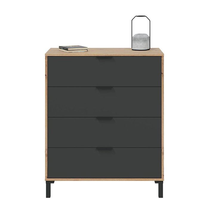 CALICOSY - Commode 4 tiroirs décor chene noueux et gris anthracite - L77,5 cm - Bois clair