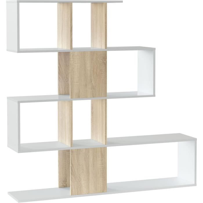 Bibliotheque étagere ZIGZAG - Chene et blanc - 4 niveaux - Mélamine - 145 x 145 x 28 cm