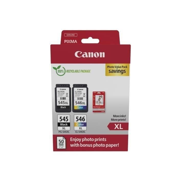 Pack of 2 ink cartridges + photo paper pack - CANON - PG-545XL Black + CL-546XL Color - High yield