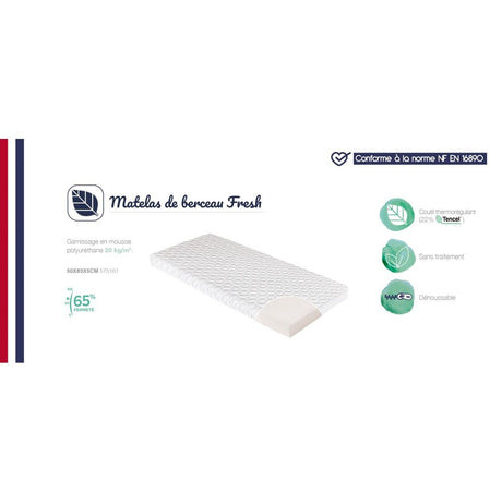 Matelas De Berceau Fresh CANDIDE  50x83x5cm, Sans Traitement, Idéal Cododo, Thermorégulant, Fabriqué En France, Garantie 5 Ans