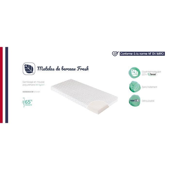 Matelas De Berceau Fresh CANDIDE  50x83x5cm, Sans Traitement, IdÈal Cododo, ThermorÈgulant, FabriquÈ En France, Garantie 5 Ans