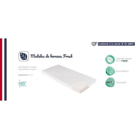 Matelas De Berceau Fresh CANDIDE  50x83x5cm, Sans Traitement, Idéal Cododo, Thermorégulant, Fabriqué En France, Garantie 5 Ans