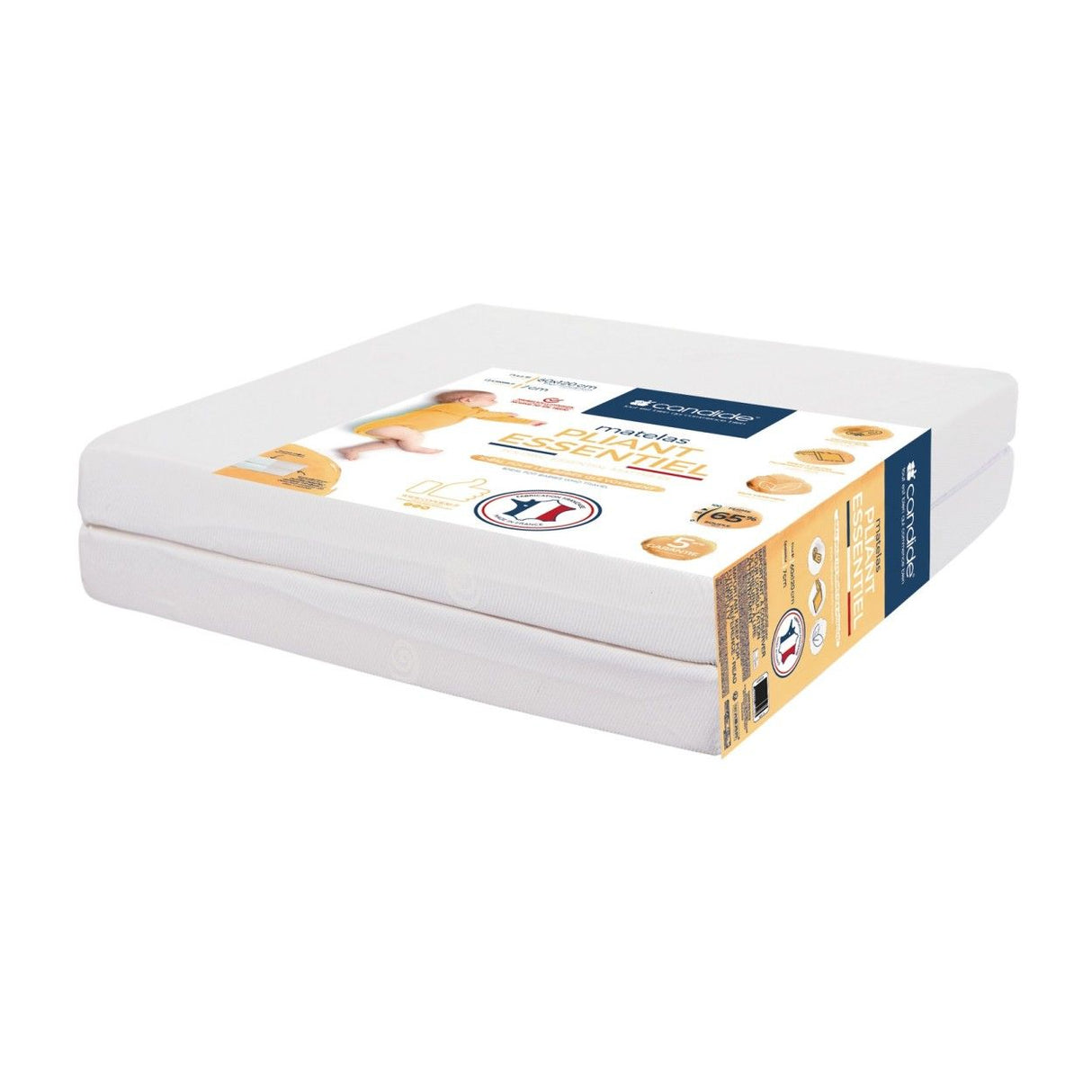 Matelas Bébé Pliant 2 Parties CANDIDE 60x120x7cm Essentiel Fabriqué En France - Garantie 5 ans