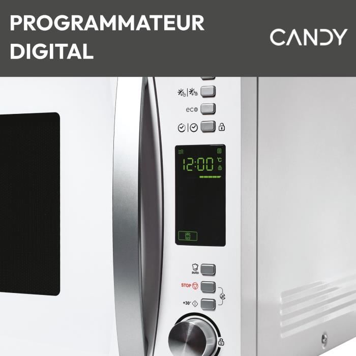 Micro-ondes Candy Essenza CMXW30DW 900W 30L Digital Blanc - Fonction Décongélation - 5 Niveaux de Puissance - 10 Menus Auto