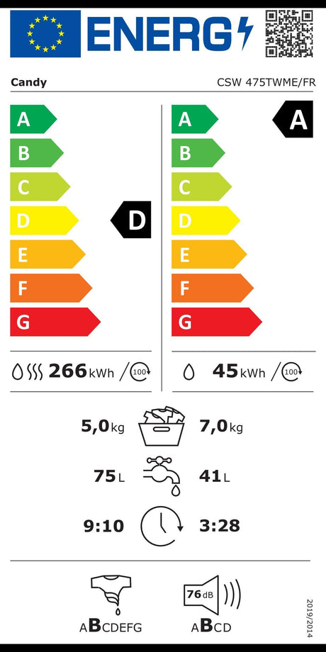 Lave-linge séchant CANDY CSW 475TWME/FR - 7 / 5 kg - Induction - 1400 trs/min - Blanc