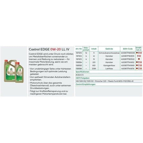 Huile moteur - CASTROL EDGE 0W-20 LL IV - 1L -  0W20