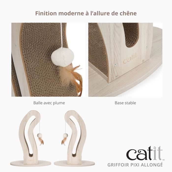 Griffoir pour chat - CATIT - Pixi Queue de chat - Avec balle en tissu et plume - Aspect chene naturel