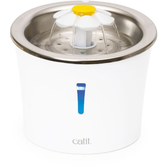 Fontaine a eau pour chat a fleur - CATIT - Flower - 3L - Dessus en acier inoxydable -  Avec LED - Blanc