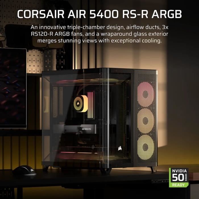 Boitier PC - CORSAIR - AIR 5400 RS-R ARGB Tempered Glass Mid-Tower - Ventilateurs RGB a rotor inversé - Noir