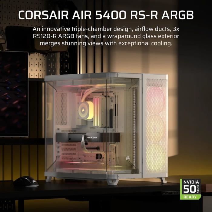 Boitier PC - CORSAIR - AIR 5400 RS-R ARGB Tempered Glass Mid-Tower - Ventilateurs RGB a rotor inversé - Blanc