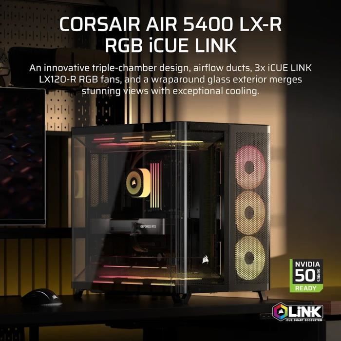 Boitier PC - CORSAIR - AIR 5400 LX-R LINK Tempered Glass Mid-Tower - Ventilateurs RGB a rotor inversé - Noir