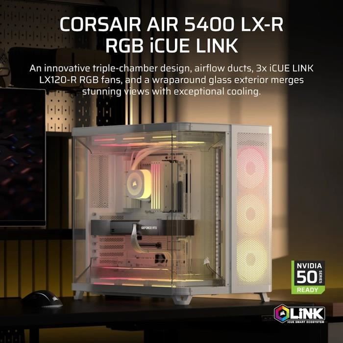 Boitier PC - CORSAIR - AIR 5400 LX-R LINK Tempered Glass Mid-Tower - Ventilateurs RGB a rotor inversé - Blanc
