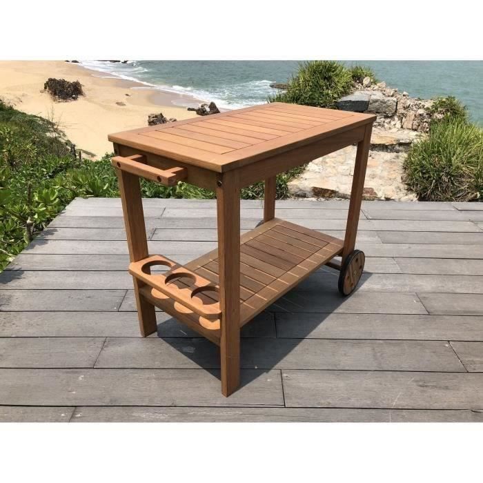 Desserte de jardin a roulettes en bois d'acacia FSC - SOLIS - Avec porte-bouteilles - Bois naturel -  94 x 49,3 x 74 cm