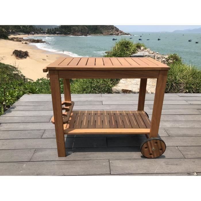Desserte de jardin a roulettes en bois d'acacia FSC - SOLIS - Avec porte-bouteilles - Bois naturel -  94 x 49,3 x 74 cm