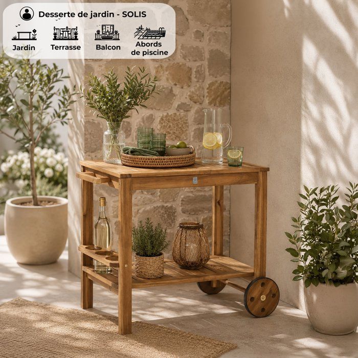 Desserte de jardin a roulettes en bois d'acacia FSC - SOLIS - Avec porte-bouteilles - Bois naturel -  94 x 49,3 x 74 cm