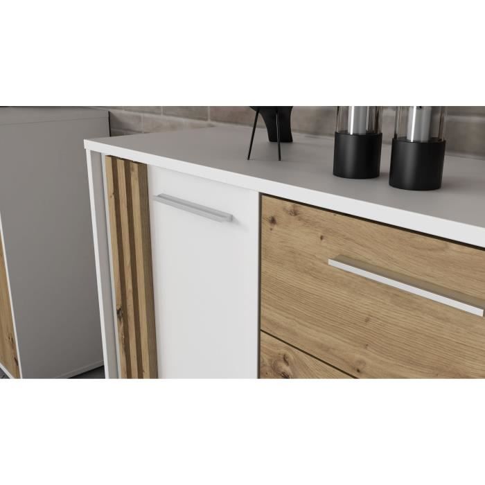 Buffet CARDIGAN 2 portes, 4 tiroirs - Décor chene artisan et blanc - L142,6 x P34,2 x H82,3 cm - Poignées en métal effet aluminium
