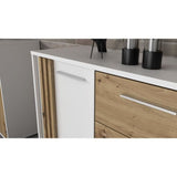Buffet CARDIGAN 2 portes, 4 tiroirs - Décor chene artisan et blanc - L142,6 x P34,2 x H82,3 cm - Poignées en métal effet aluminium