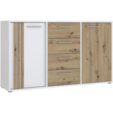 Buffet CARDIGAN 2 portes, 4 tiroirs - Décor chene artisan et blanc - L142,6 x P34,2 x H82,3 cm - Poignées en métal effet aluminium