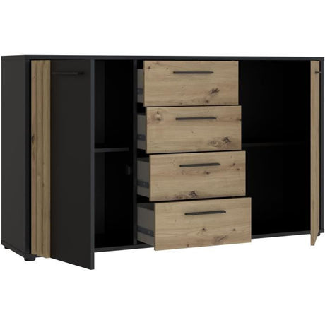 Buffet  CARDIGAN 2 portes, 4 tiroirs - Décor chene artisan et noir - L142,6 x P34,2 x H82,3 cm - Poignées en métal noir