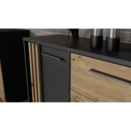 Buffet  CARDIGAN 2 portes, 4 tiroirs - Décor chene artisan et noir - L142,6 x P34,2 x H82,3 cm - Poignées en métal noir