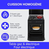 Cuisiniere mixte CONTINENTAL EDISON CECM60FCB - 3 feux gaz + 1 électrique - L59,8 x P61 xH83 cm - Noir