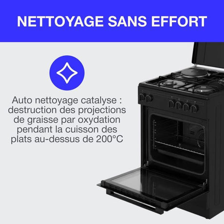 Cuisiniere mixte CONTINENTAL EDISON CECM60FCB - 3 feux gaz + 1 électrique - L59,8 x P61 xH83 cm - Noir