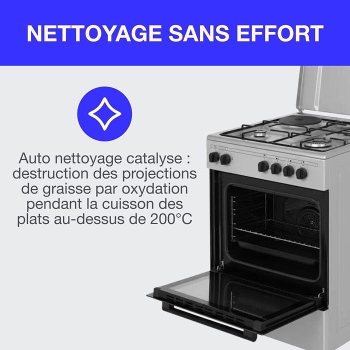 Cuisiniere mixte CONTINENTAL EDISON CECM60FCS - 3 feux gaz + 1 électrique - L59,8 x P61 xH83 cm - Silver