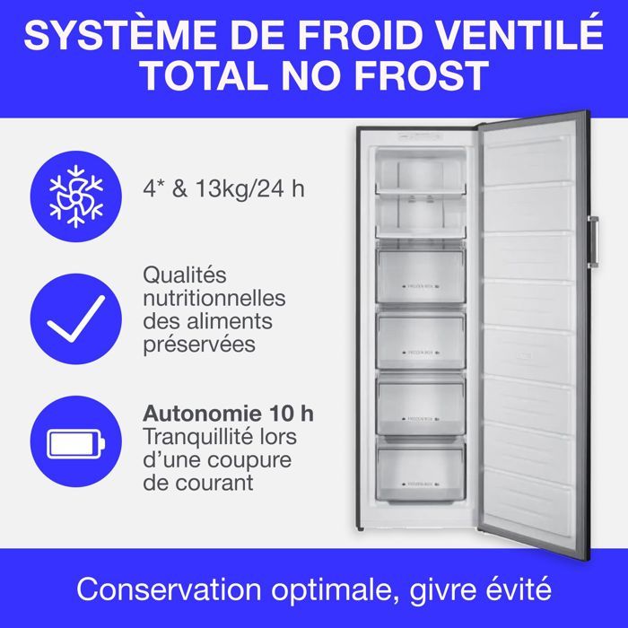 Congélateur armoire  204L - Total No Frost (Sans givre) - Classe E - Silver - L54 cm x H171 cm