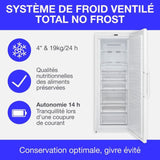 Congélateur armoire 406L -Total No Frost - dégivrage automatique - Classe E - L70 cm x H191 cm x P75,5 cm - Blanc