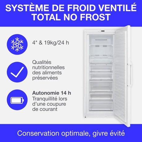 Congélateur armoire 406L -Total No Frost - dégivrage automatique - Classe E - L70 cm x H191 cm x P75,5 cm - Blanc