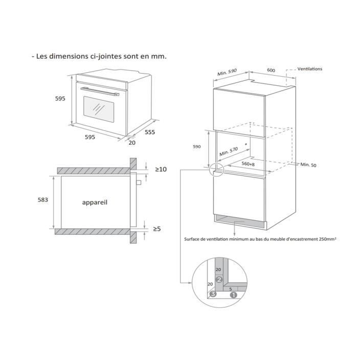 Four encastrable Pyrolyse - 65L - Chaleur tournante - CONTINENTAL EDISON - CEF65PIX- Noir et inox - L59,5 x H59,5 x P 57.5 cm