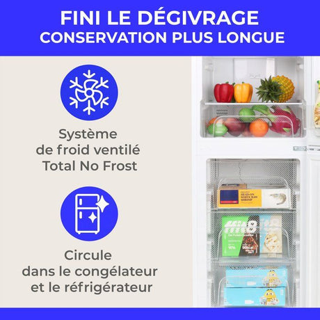 Réfrigérateur combiné-CONTINENTAL EDISON - CEFC225NFW - 225L -Total No Frost (Sans givre) - Classe E - L48,5 x P60 x H175 cm - Blanc