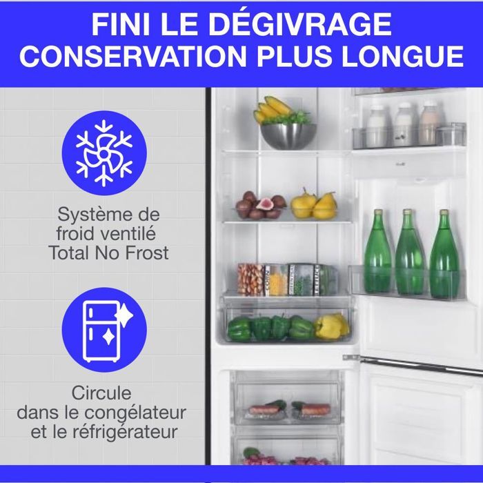 Réfrigérateur congélateur bas 251L - CONTINENTAL EDISON - Total No Frost(Sans givre) - Noir - Classe D - L 54 cm x H 180 cm