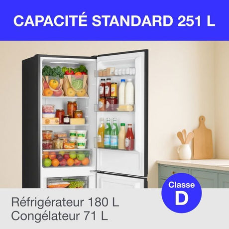 Réfrigérateur congélateur bas 251L - CONTINENTAL EDISON - Total No Frost(Sans givre) - Noir - Classe D - L 54 cm x H 180 cm