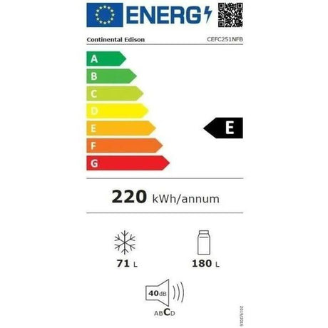 Réfrigérateur congélateur bas CONTINENTAL EDISON - 251L -Total No Frost(Sans givre) - Noir - L 54 cm x H 180 cm