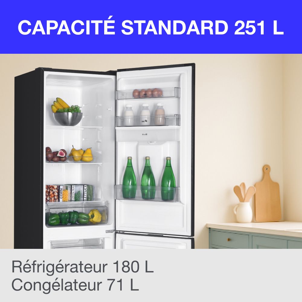 Réfrigérateur congélateur bas CONTINENTAL EDISON - 251L -Total No Frost(Sans givre) - Noir - L 55 cm x H 180 cm