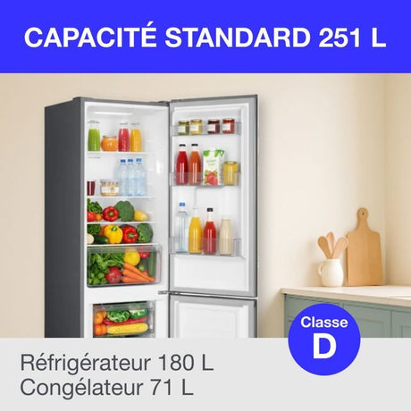 Réfrigérateur congélateur bas  251L - CONTINENTAL EDISON - Total No Frost - Inox - Classe D - L 54 cm x H 180 cm