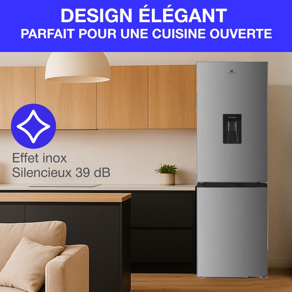 Réfrigérateur congélateur bas CONTINENTAL EDISON - 251L -Total No Frost(Sans givre) - Inox - L 55 cm x H 180 cm