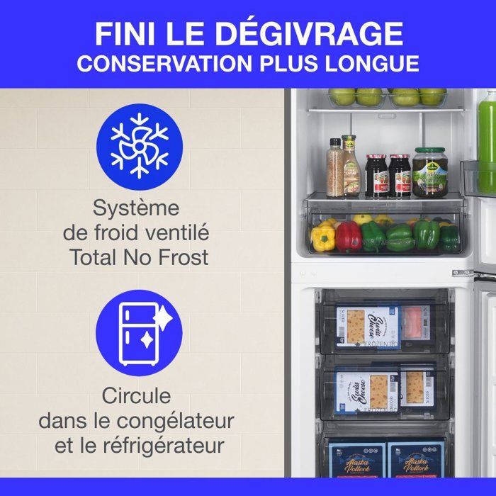 Réfrigérateur congélateur bas CONTINENTAL EDISON CEFC251NFS - Sans givre (congélateur et réfrigérateur) - 253L - Classe E - Inox