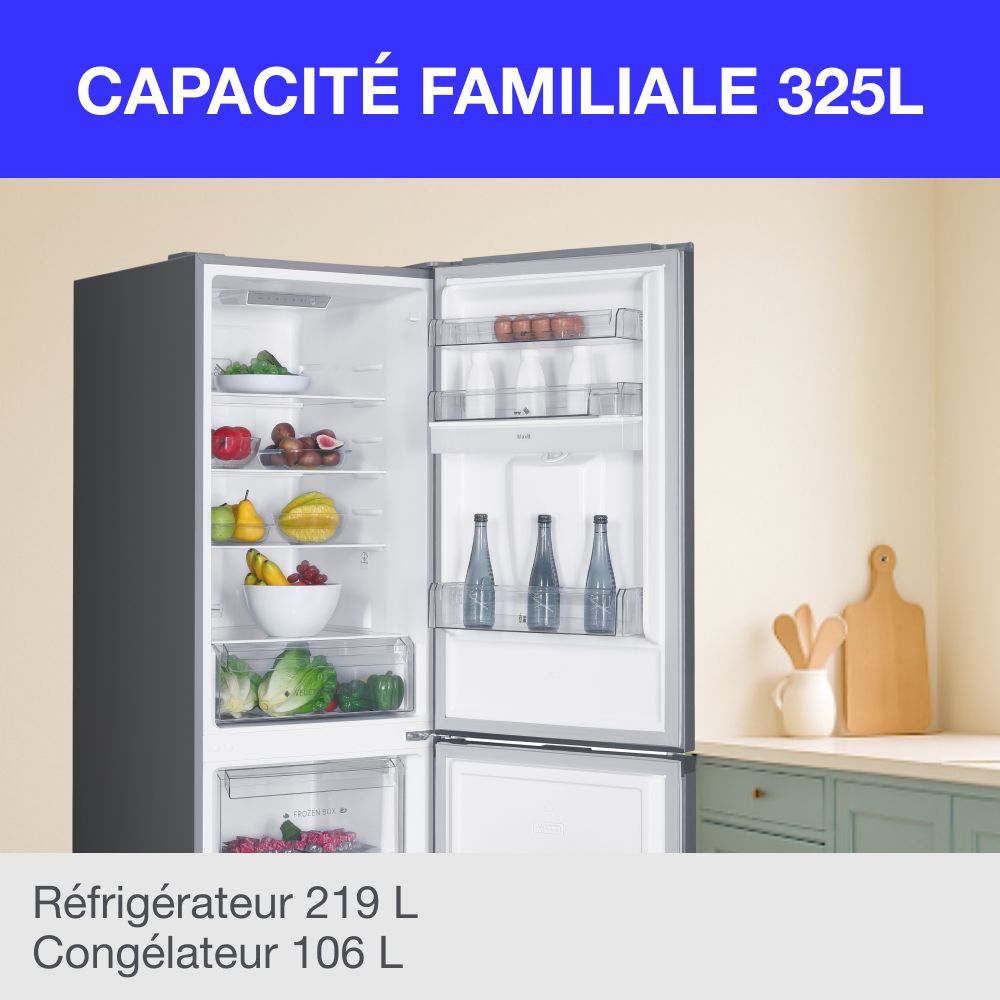 Réfrigérateur congélateur bas - CONTINENTAL EDISON - 325L - Total No Frost (Sans givre)- distributeur d'eau- Inox