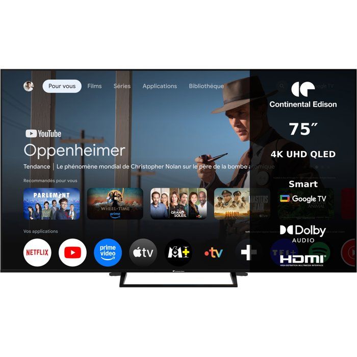 CONTINENTAL EDISON - CELED75SVQLD26B6 - TV QLED UHD 4K 75'' (189 cm) - SMART GOOGLE - 3xHDMI - 2xUSB