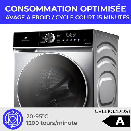 Lave-linge hublot - CONTINENTAL EDISON - CELL1012DDS1 - 10kg - MOTEUR INDUCTION DIRECTE SANS COURROIE -60 cm - 1200 trs/min - Silver