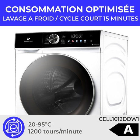 Lave-linge hublot - CONTINENTAL EDISON - CELL1012DDW1 - 10kg - MOTEUR INDUCTION DIRECTE SANS COURROIE - 60 cm - 1200 trs/min - Blanc
