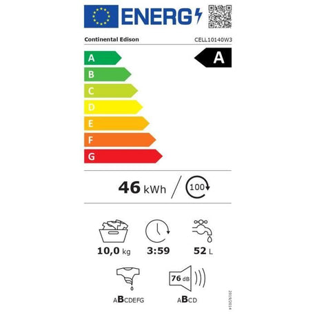Lave-linge hublot - CONTINENTAL EDISON - CELL10140W3 - 10kg - Moteur induction - 60 cm - 1400 trs/min - Blanc