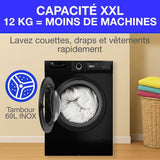 Lave-linge hublot CONTINENTAL EDISON CELL12140IBT - 12 kg - Largeur 59,6 cm - Classe A - 1400 trs/min - moteur induction - noir mat